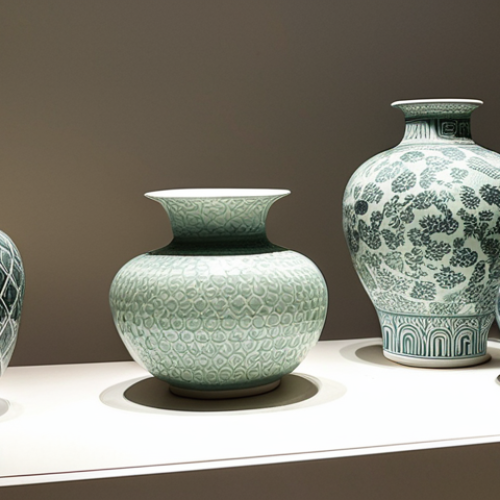Home 4 **Prompt:** A stunning display of Korean ceramics in a European museum. Showcase Goryeo celadon with intricate patterns alongside the understated beauty of Joseon Baekja (white porcelain). In the background, hint at modern ceramic art, blending tradition with innovation. The atmosphere should be elegant and draw the viewer into the rich history and artistry of Korean pottery.